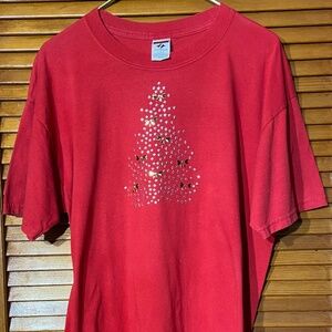 Homemade~Silver & Gold Embellished Christmas Tree Stars Red TeeShirt~ Size Large
